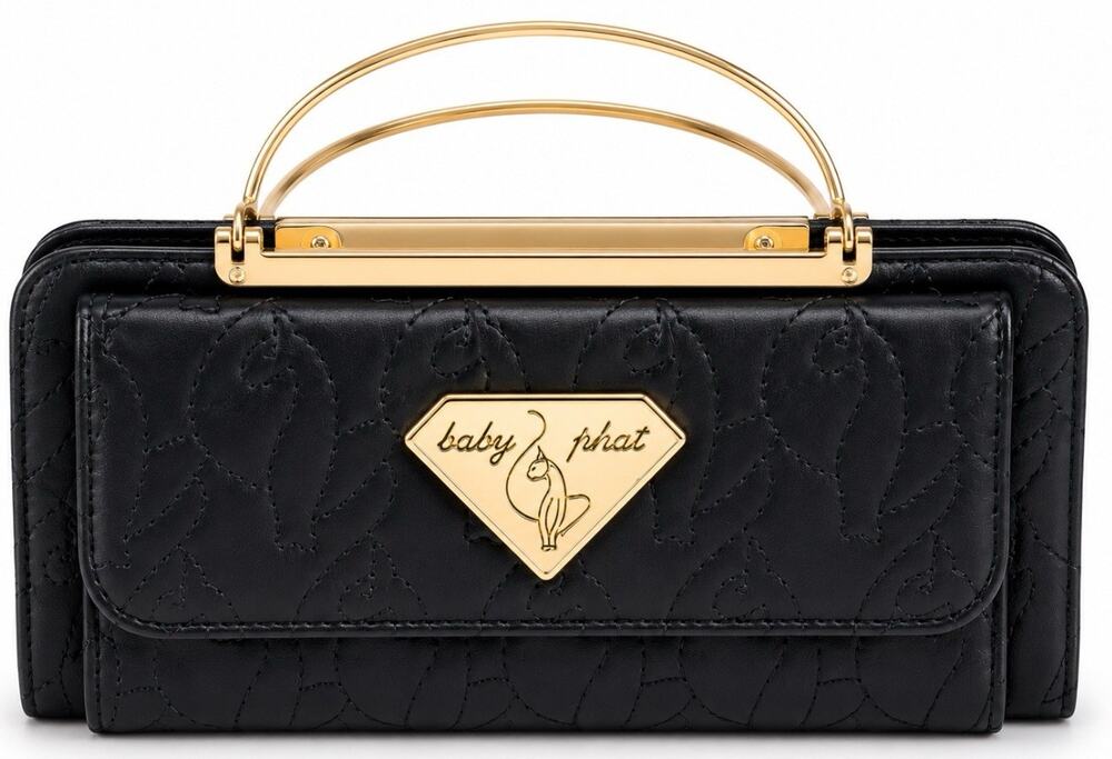 Baby Phat Black Quilted Wallet Gold Metal Handle Cat Logo Y2K Women’s Clutch Bag